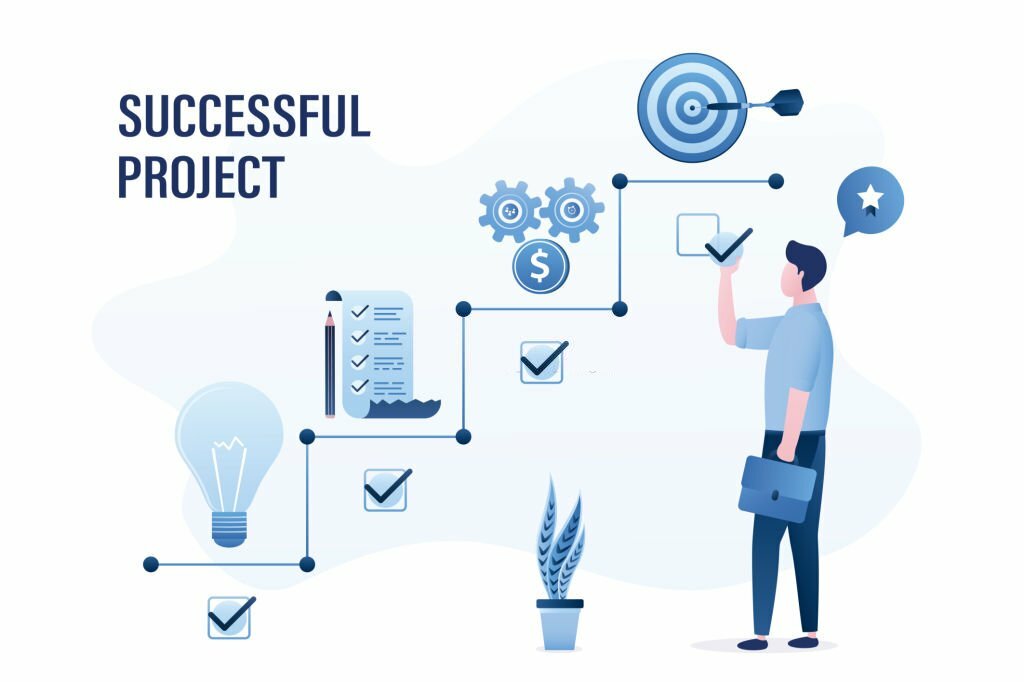 Project management, concept banner. Confident businessman finished successful project. Male employee on last stage of business plan. Target on top. Business elements, signs. Flat vector illustration
